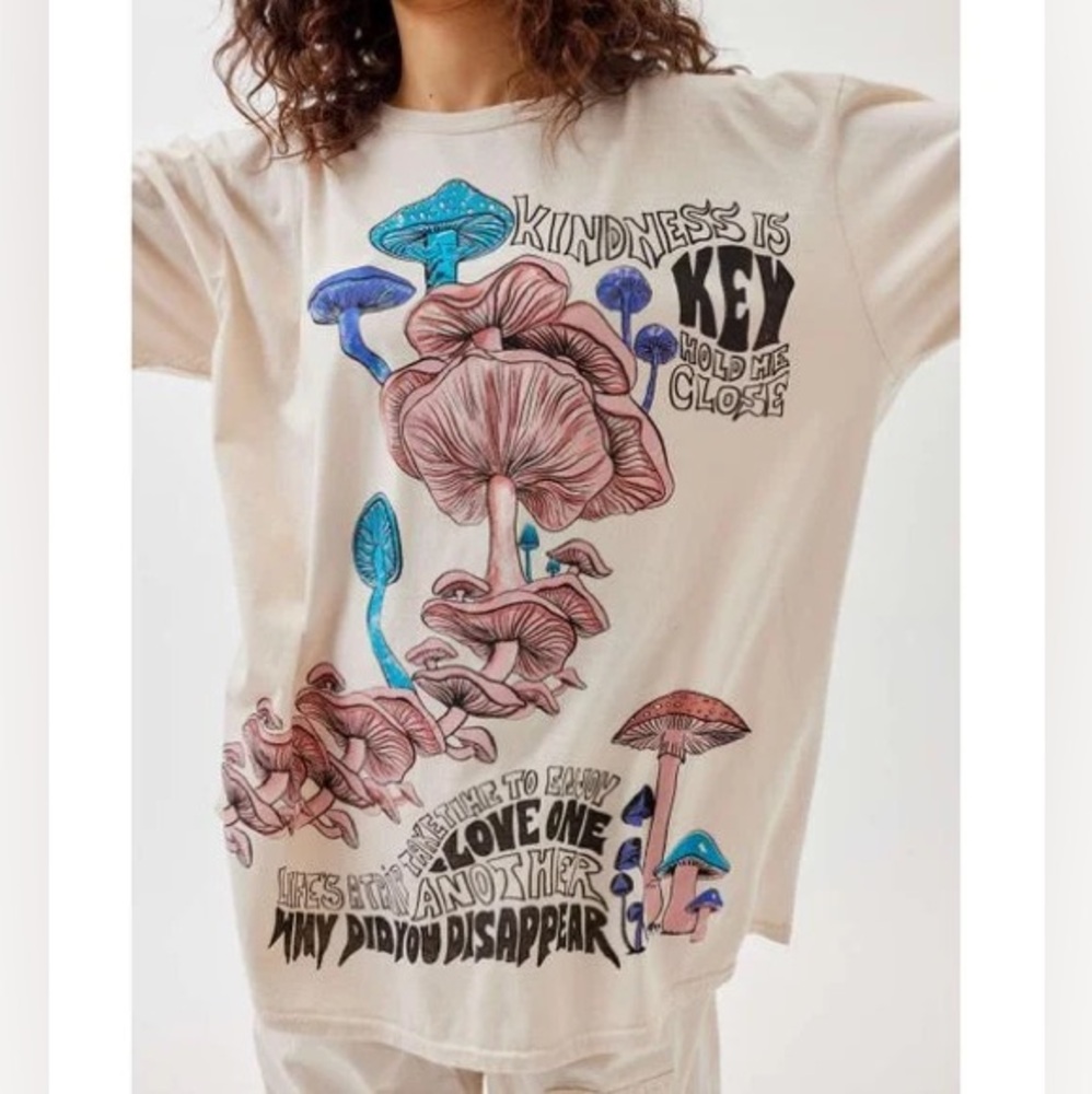 Urban Outfitters Cream Tee with Blue Mushroom Graphic